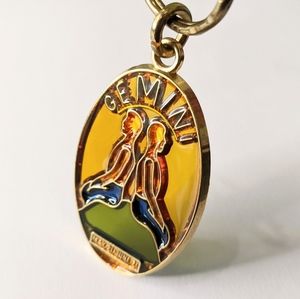 Vintage Gemini Zodiac Amber Stained Glass Retro Horoscope 90s Unique Keychain